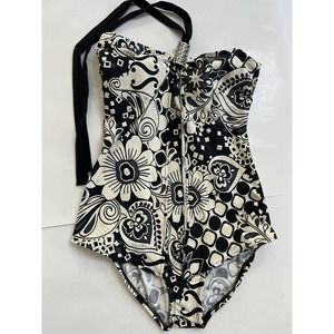 Tara Grinna Halter One Piece Black White Swimsuit Size 8